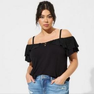 Torrid Black Super Soft Cold Shoulder Eyelet Ruffle Top 00